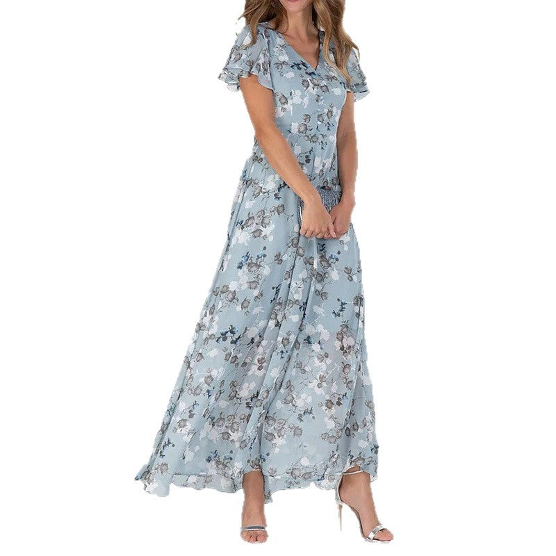 2025 European and American New Style Beach Long Skirt Chiffon Floral Short-Sleeved Ruffled V Neck Fashion Waist Dress