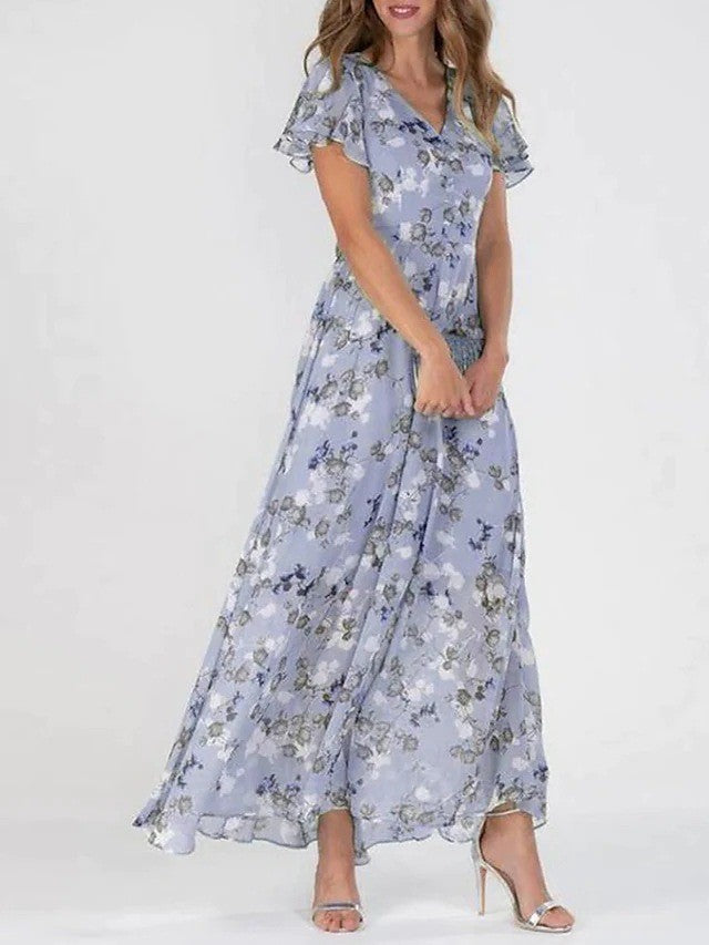 2025 European and American New Style Beach Long Skirt Chiffon Floral Short-Sleeved Ruffled V Neck Fashion Waist Dress