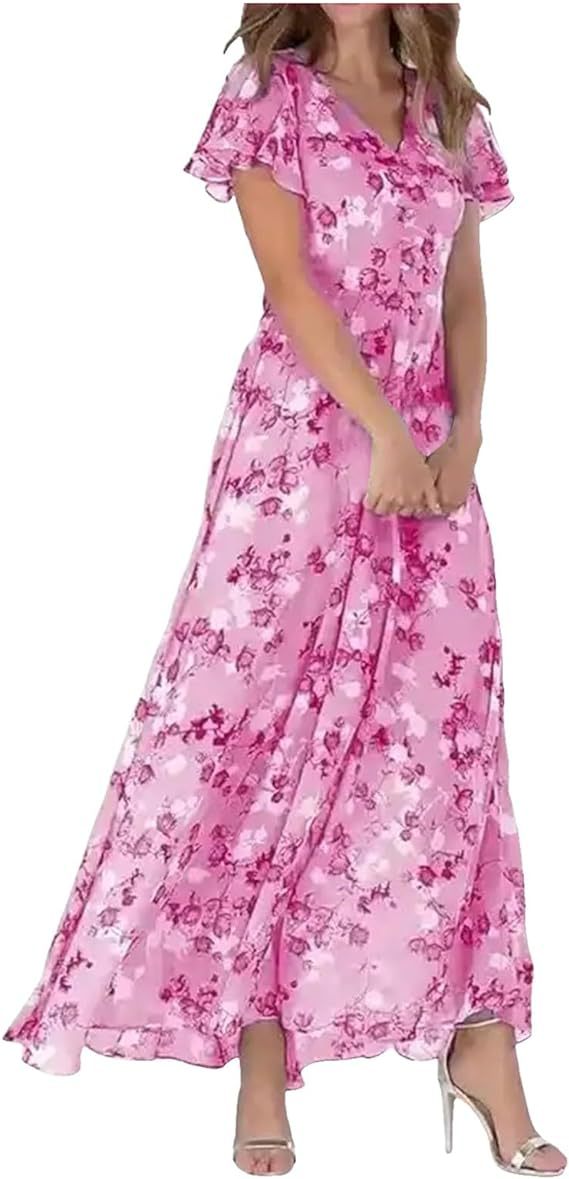 2025 European and American New Style Beach Long Skirt Chiffon Floral Short-Sleeved Ruffled V Neck Fashion Waist Dress